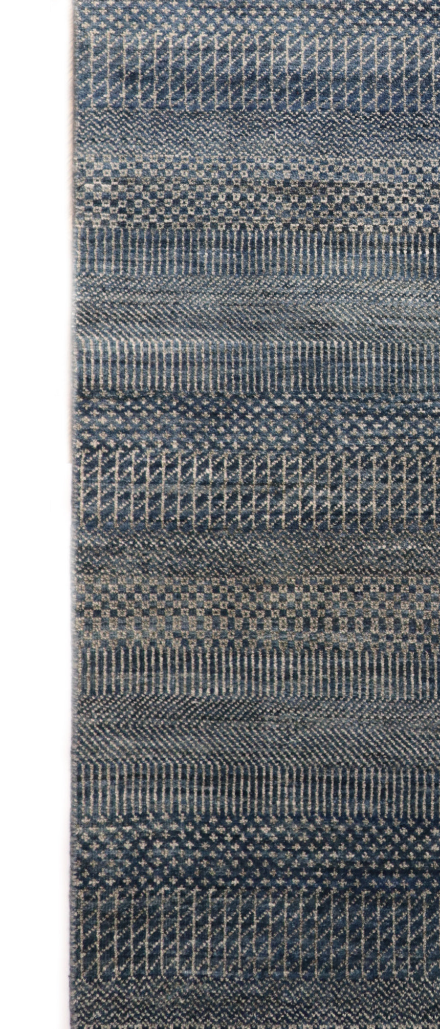 Hand-knotted sandy beige and blue wool rug with a subtle blue net pattern and a cozy pile.