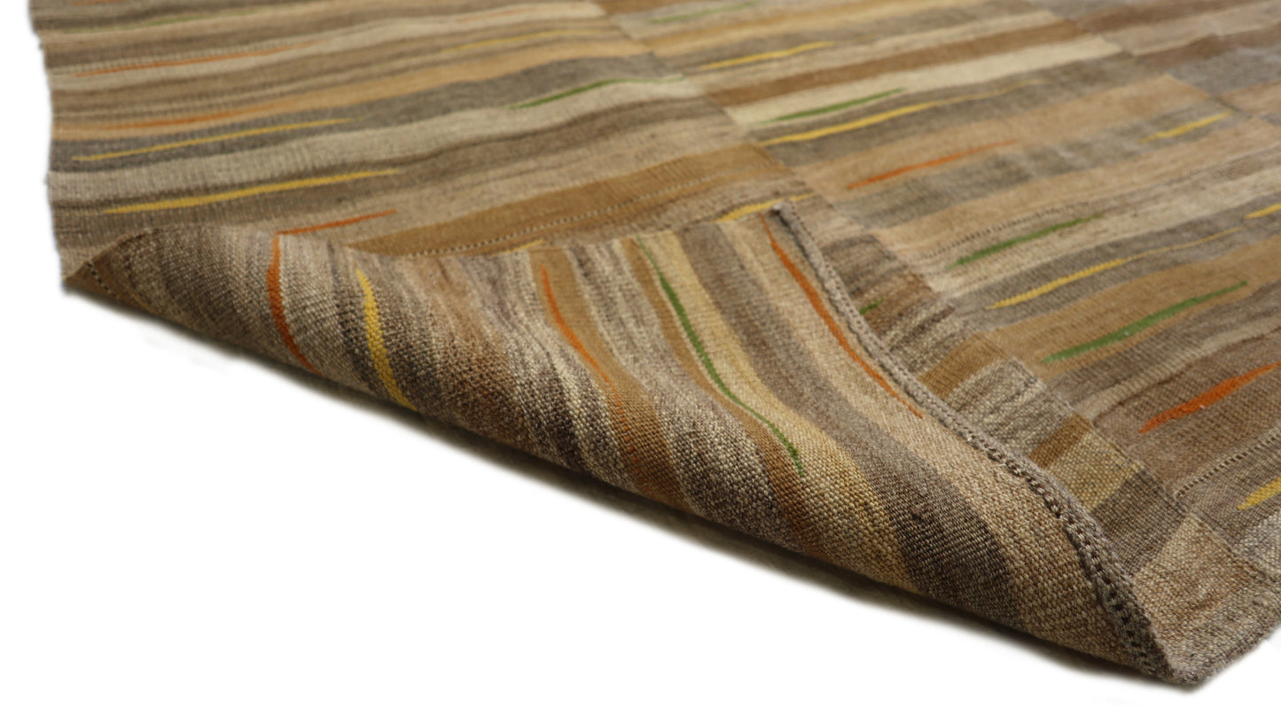 Handwoven Kilim Rug, woven in panels then woven together, natural wool colors, charcoal gray brown orange green yellow and ivory