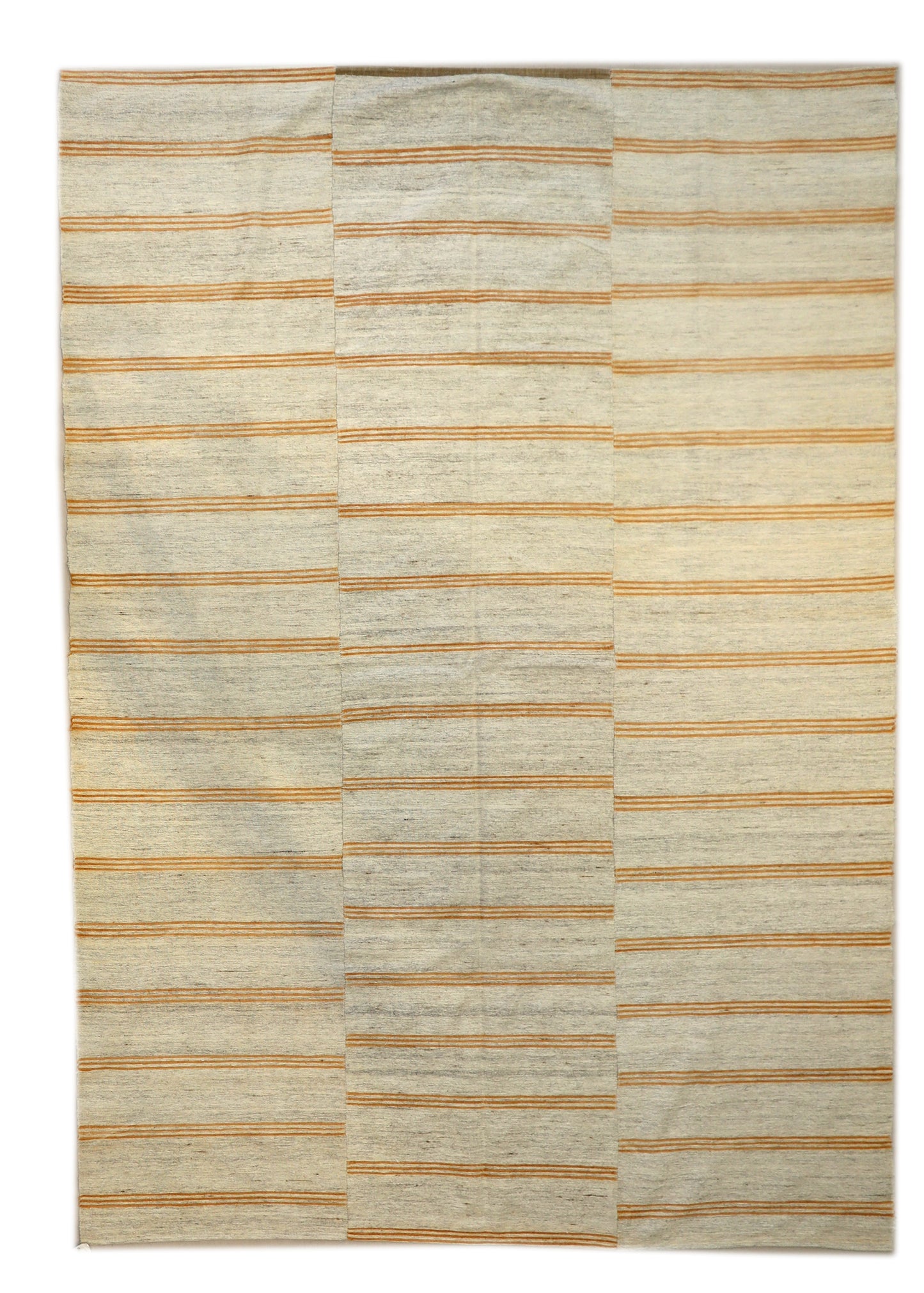 Handwoven Kilim Rug, natural wool colors, woven in panels then woven together, ivory brown and orange