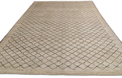 A hand-knotted wool rug with a geometric pattern in beige, brown, blue,  and gray tones, featuring a coastal aesthetic. Cozy pile. 