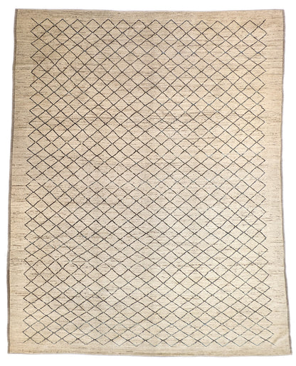 A hand-knotted wool rug with a geometric pattern in beige, brown, blue,  and gray tones, featuring a coastal aesthetic. Cozy pile. 