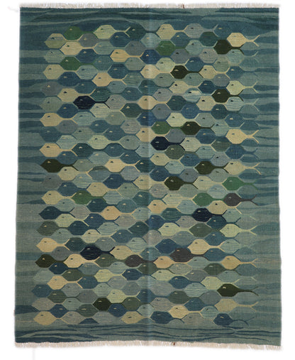 Hand-knotted wool kilim flatweave with a fish design in deep ocean blue, cerulean, and mangrove green.