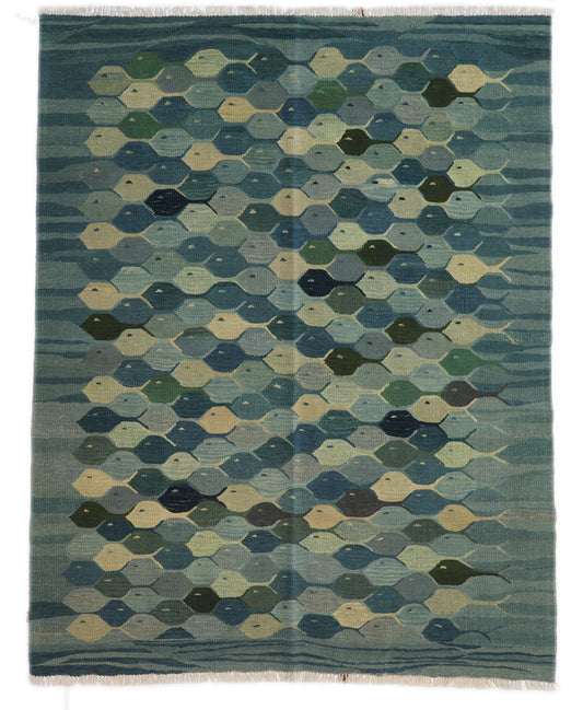 Hand-knotted wool kilim flatweave with a fish design in deep ocean blue, cerulean, and mangrove green.
