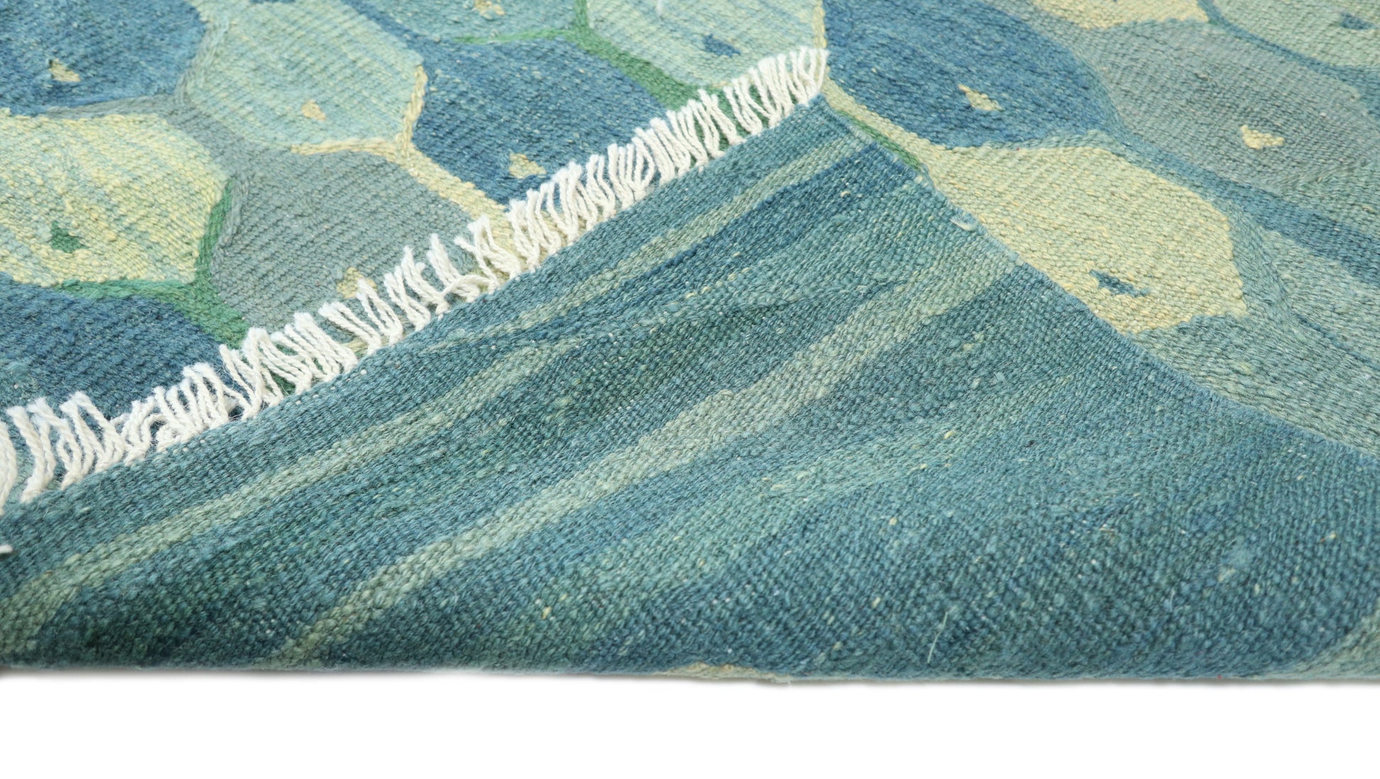 Hand-knotted wool kilim flatweave with a fish design in deep ocean blue, cerulean, and mangrove green.