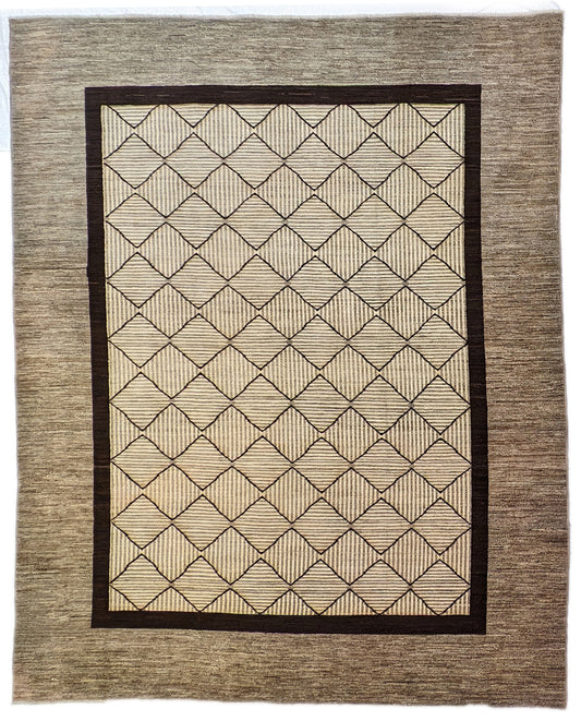 A hand-knotted wool rug with a geometric pattern in natural tones of beige, brown, and gray. Cozy pile. 