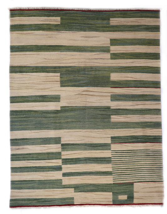 Handwoven Kilim Rug, natural wool tones, green red brown and ivory