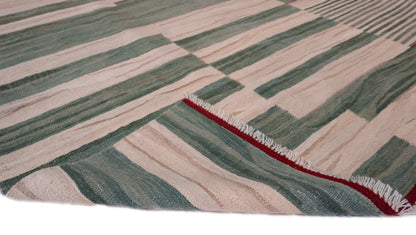 Handwoven Kilim Rug, natural wool tones, green red brown and ivory
