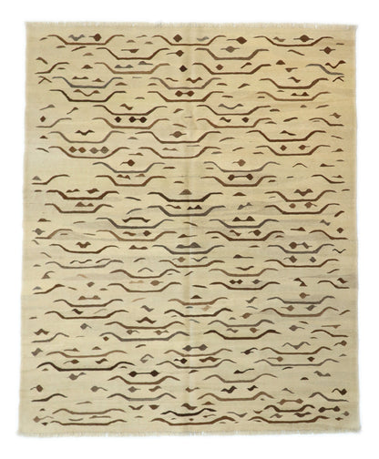 Hand-knotted wool kilim flatweave in sun-baked sand and earthy driftwood tones with deep brown accents