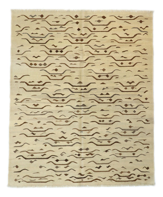 Hand-knotted wool kilim flatweave in sun-baked sand and earthy driftwood tones with deep brown accents