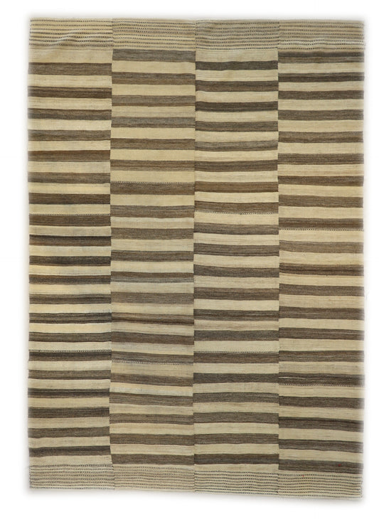Handwoven Kilim Rug, natural wool colors, woven in panels then woven together, charcoal gray brown and ivory 