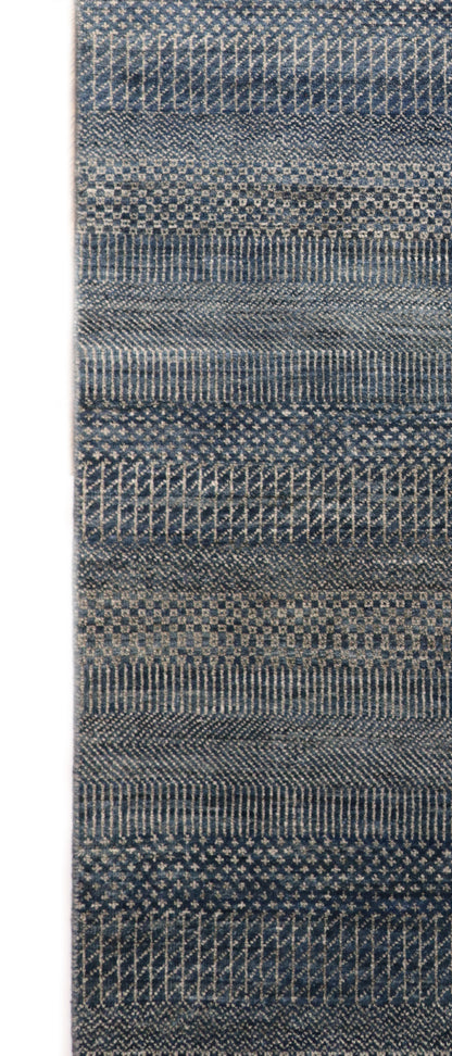 Hand-knotted  sandy beige and blue wool rug with a subtle blue net pattern and a cozy pile.