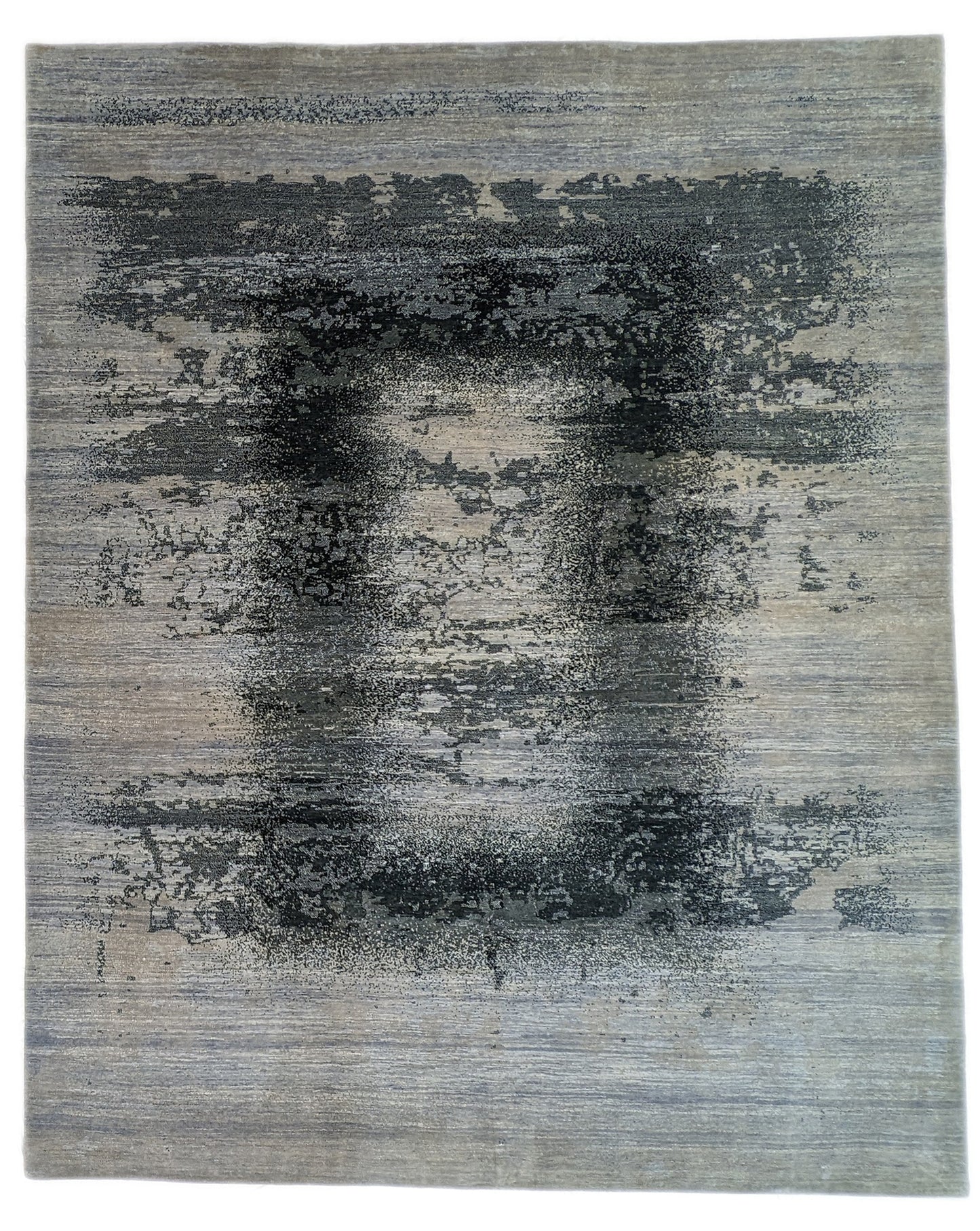A hand-knotted rug with a serene coastal aesthetic featuring shades of gray, blue, and green, and a unique hand-knotted design. Cozy wool and luxurious silk. 
