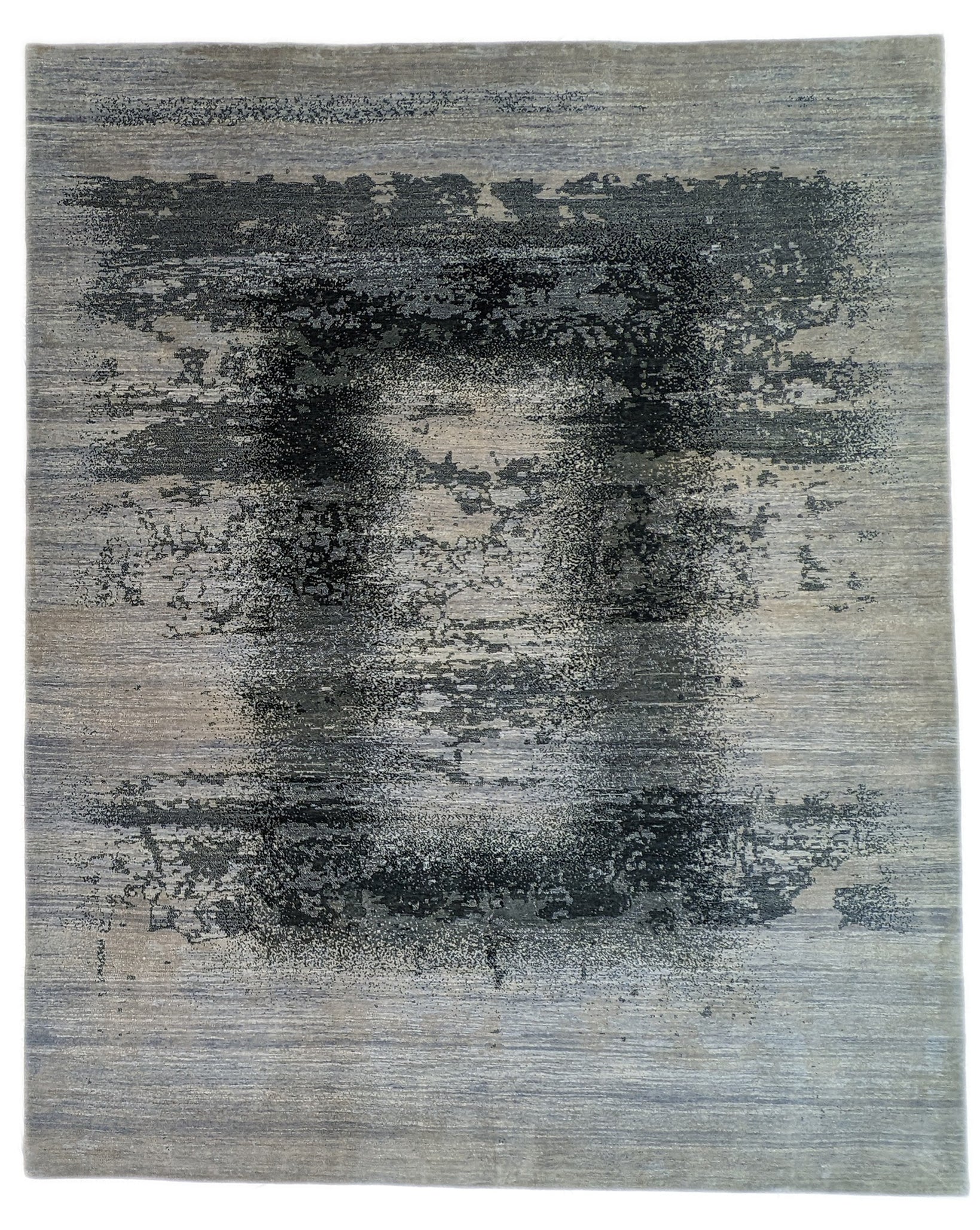 A hand-knotted rug with a serene coastal aesthetic featuring shades of gray, blue, and green, and a unique hand-knotted design. Cozy wool and luxurious silk. 