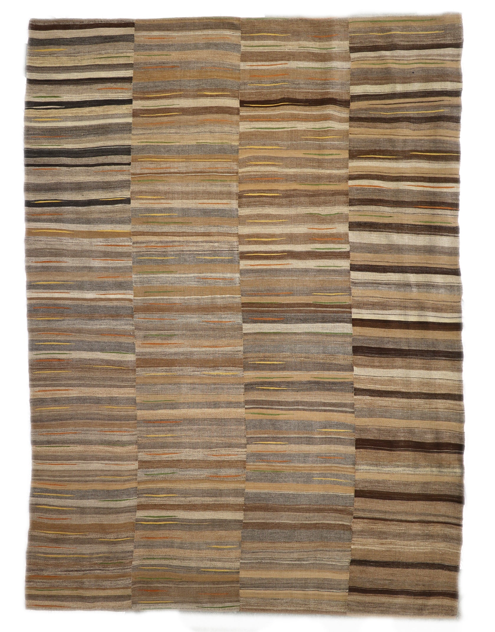 Handwoven Kilim Rug, woven in panels then woven together, natural wool colors, charcoal gray brown orange green yellow and ivory 