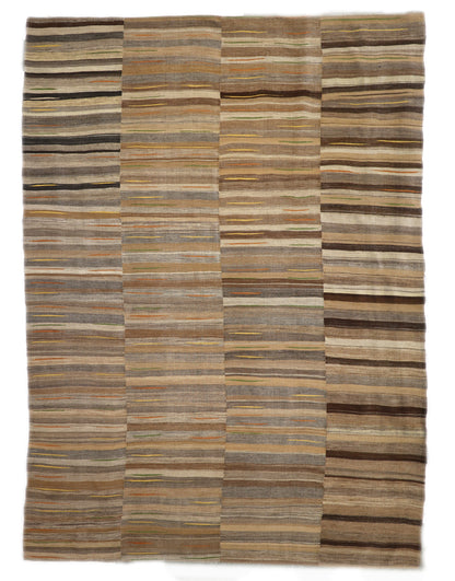 Handwoven Kilim Rug, woven in panels then woven together, natural wool colors, charcoal gray brown orange green yellow and ivory 