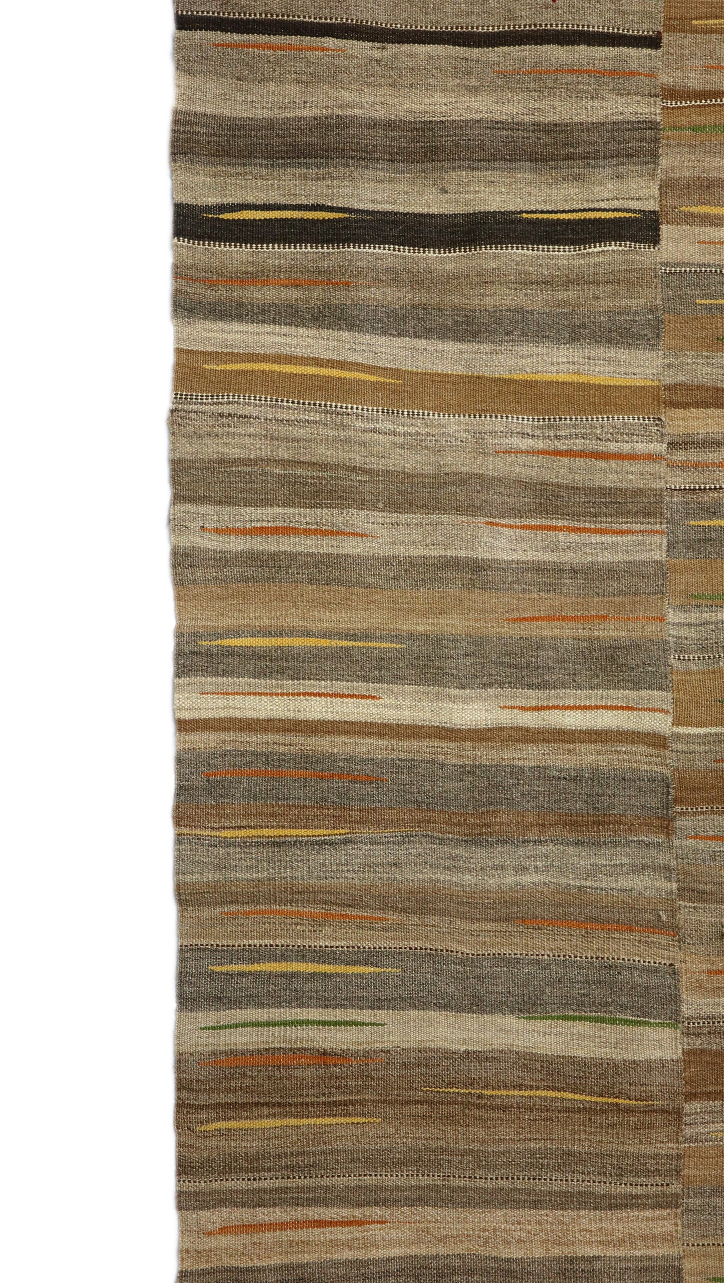 Handwoven Kilim Rug, woven in panels then woven together, natural wool colors, charcoal gray brown orange green yellow and ivory 