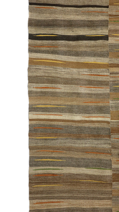 Handwoven Kilim Rug, woven in panels then woven together, natural wool colors, charcoal gray brown orange green yellow and ivory 