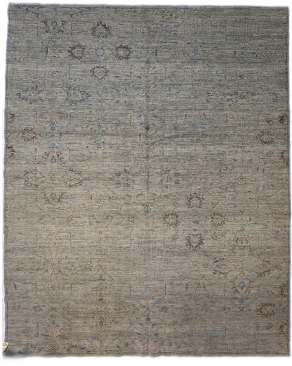 Hand-knotted rug in tranquil coastal shades of gray, smokey green, blue, soft yellow, and brown 