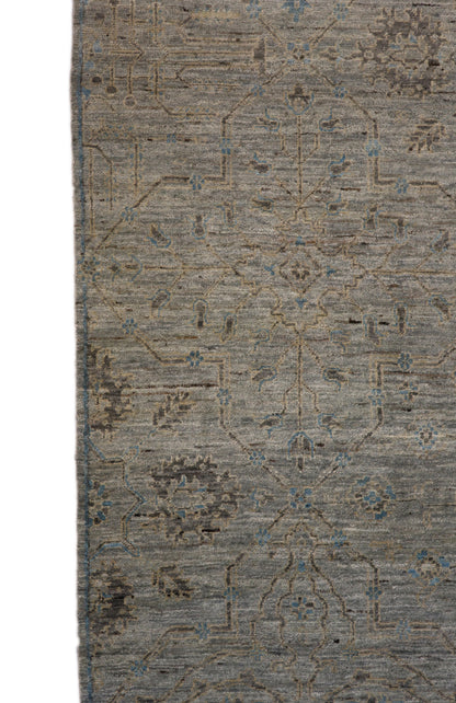 Hand-knotted rug in tranquil coastal shades of gray, smokey green, blue, soft yellow, and brown 