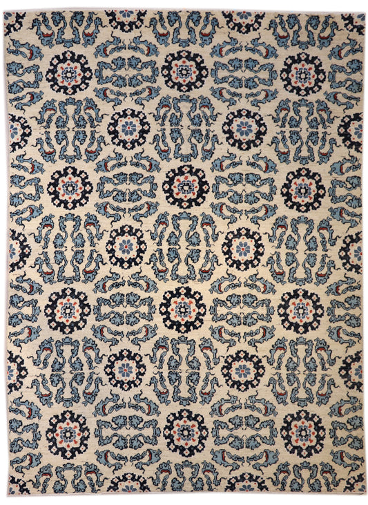 A hand-knotted rug with a coastal aesthetic, featuring a larger knot and higher pile. It has a vivid palette of turquoise, coral, and navy, with serene tones of ivory and white.