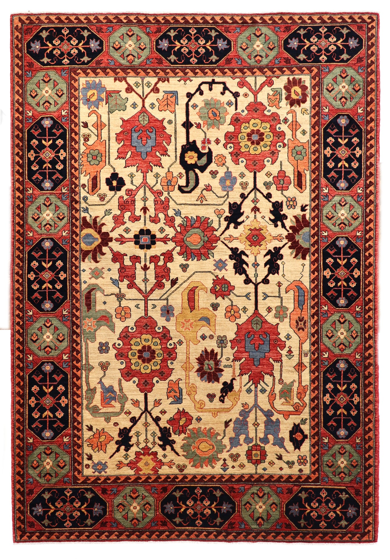 Hand-knotted decorative rug with intricate patterns and colors 