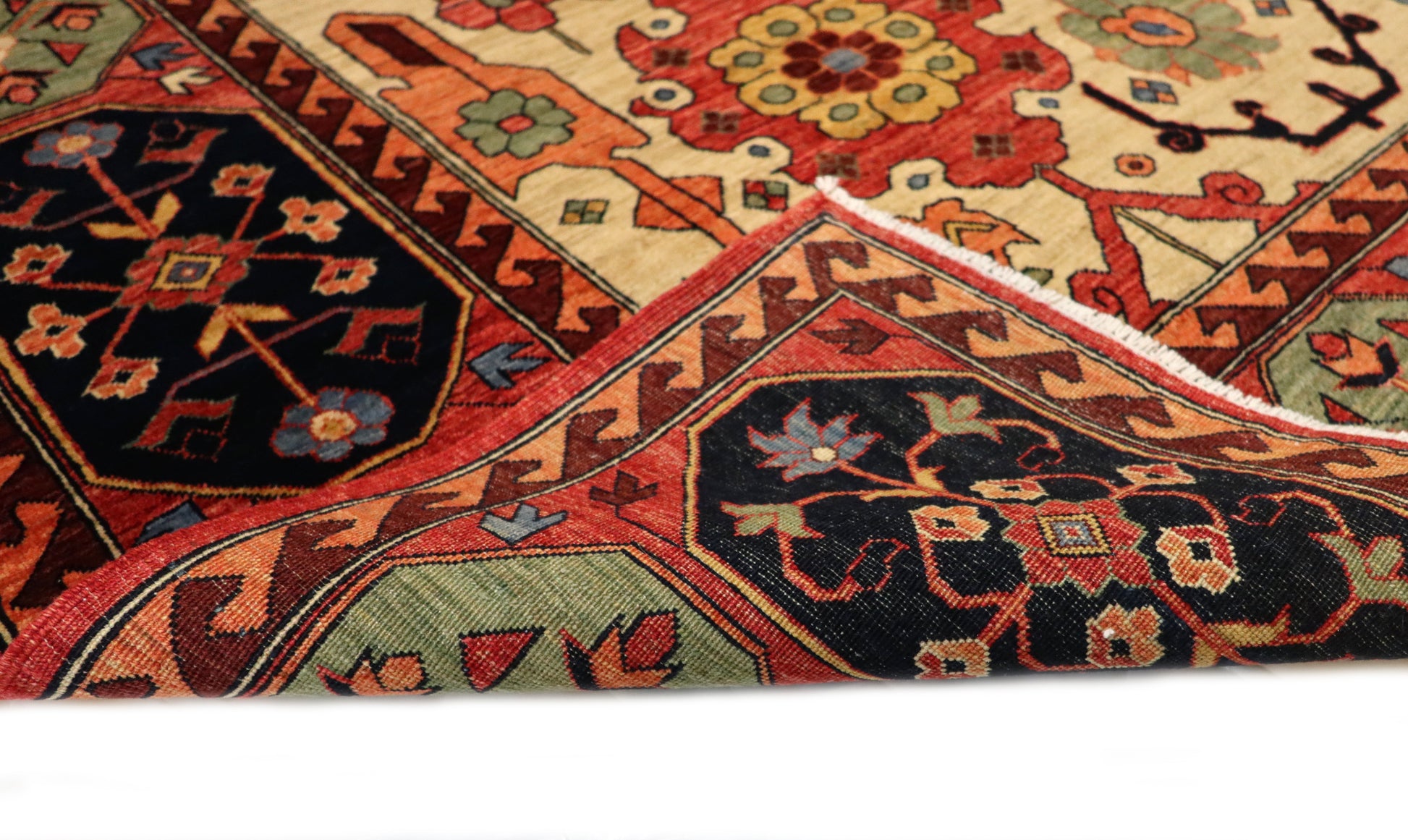 Hand-knotted decorative rug with intricate patterns and colors 