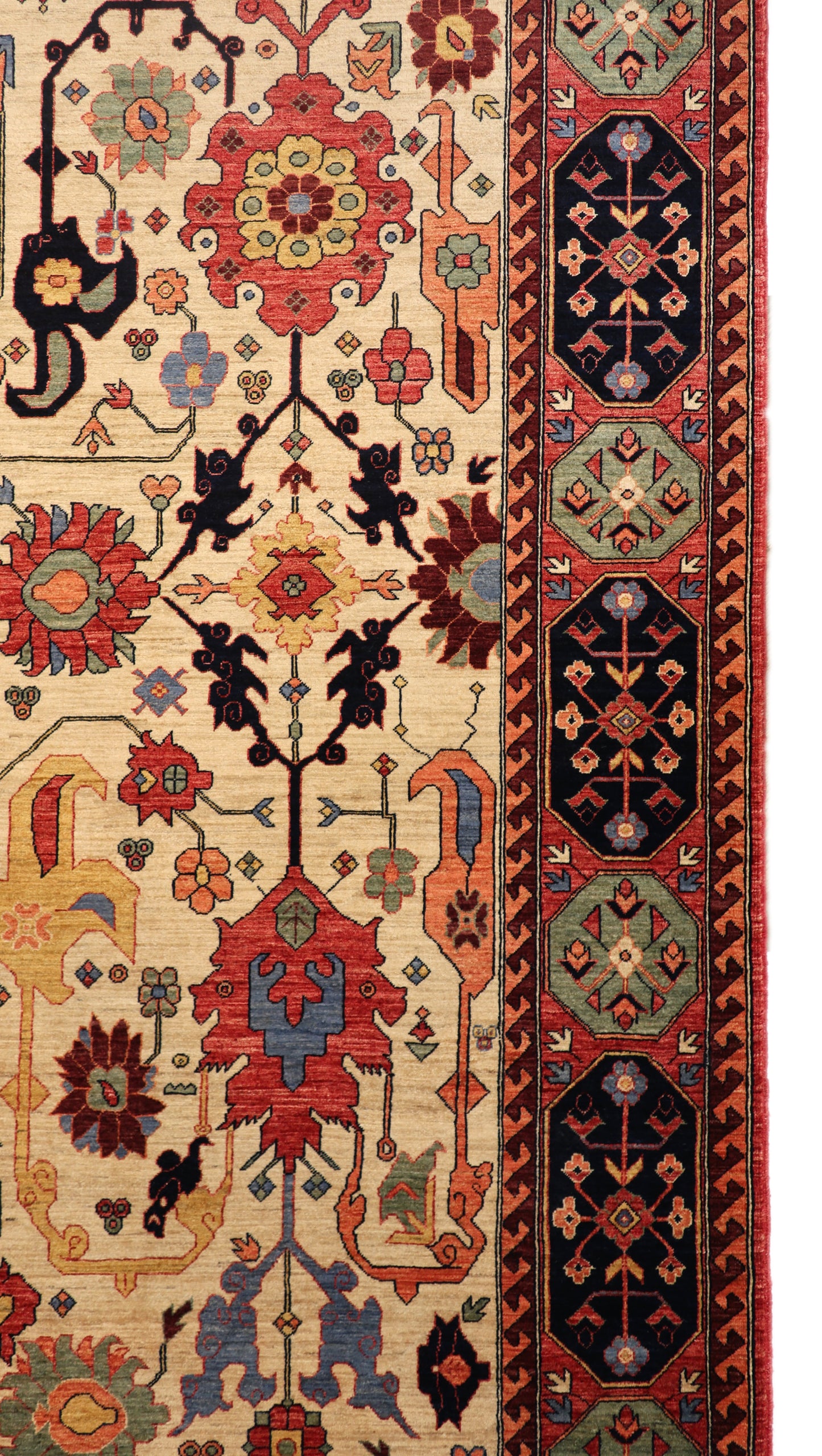 Hand-knotted decorative rug with intricate patterns and colors 