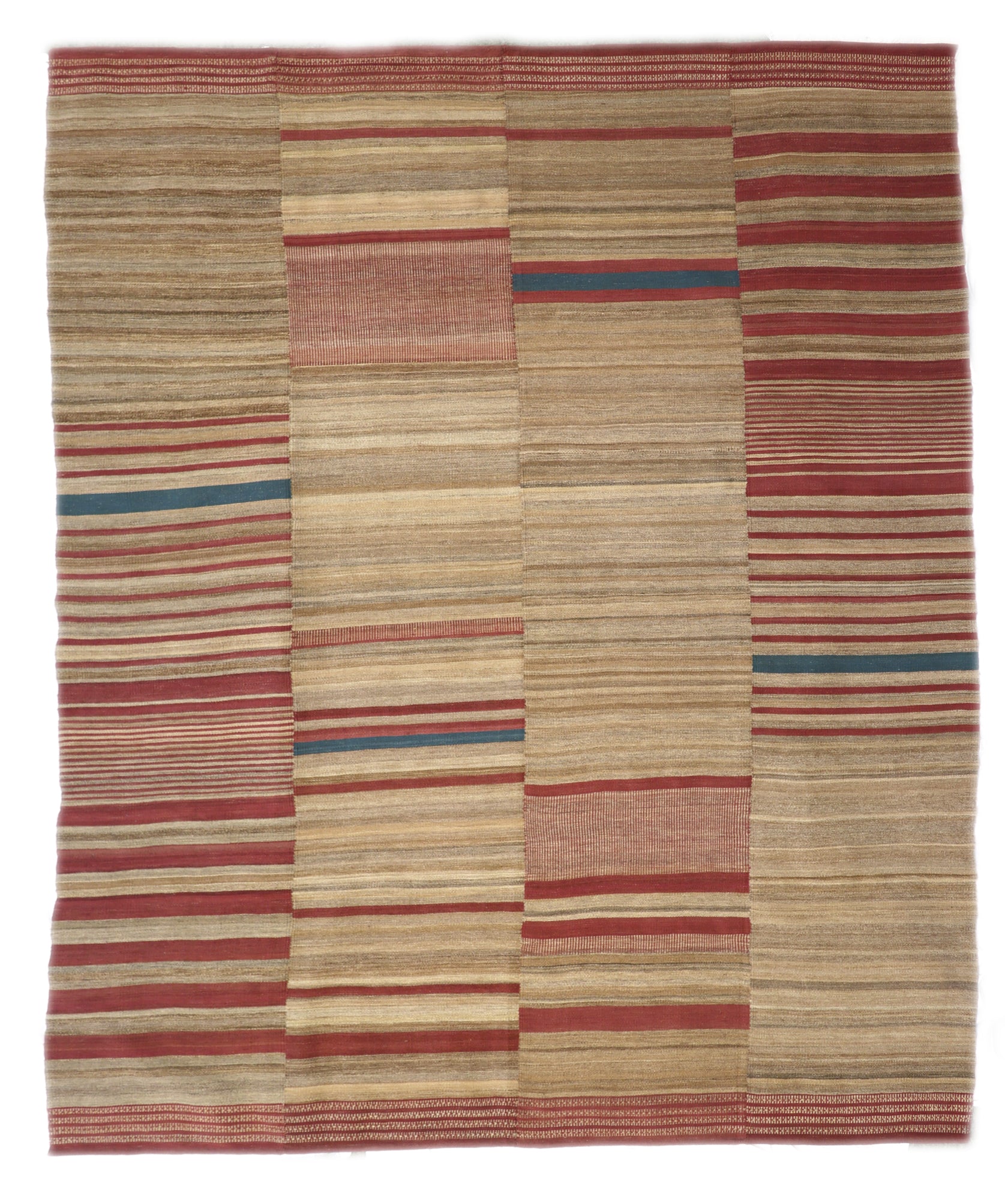 Handwoven Kilim Rug,woven in panels then woven together, beige red blue brown and ivory 