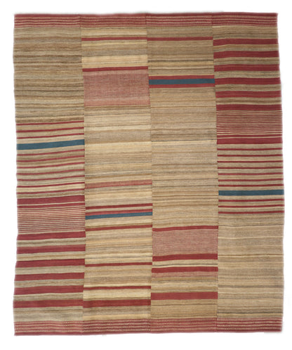 Handwoven Kilim Rug,woven in panels then woven together, beige red blue brown and ivory 