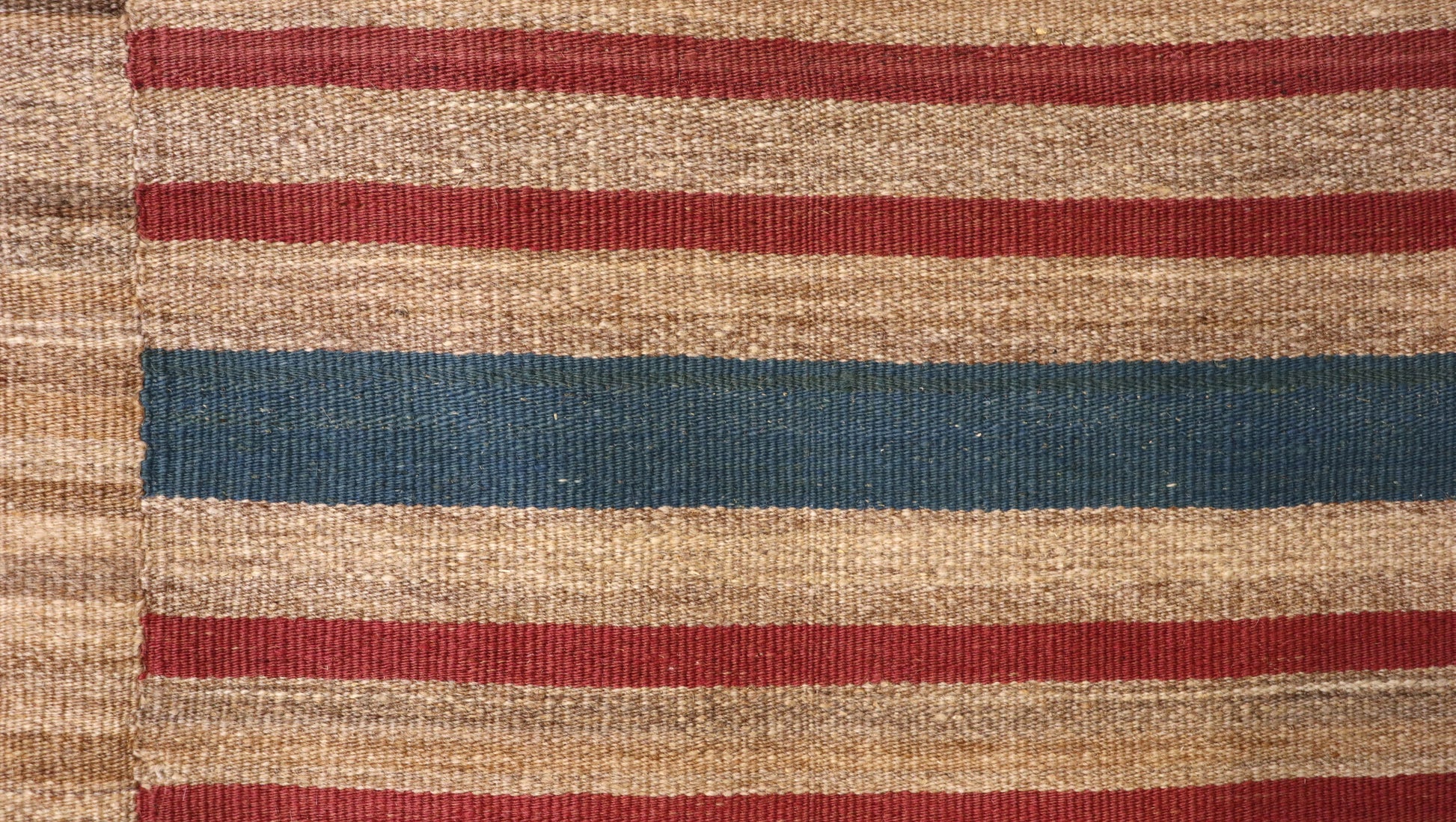 Handwoven Kilim Rug,woven in panels then woven together, beige red blue brown and ivory 