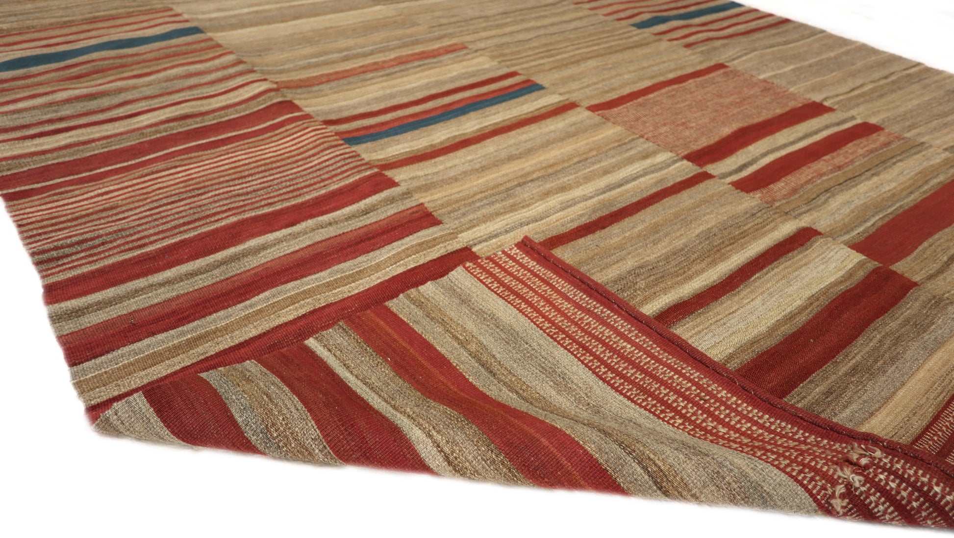 Handwoven Kilim Rug,woven in panels then woven together, beige red blue brown and ivory 