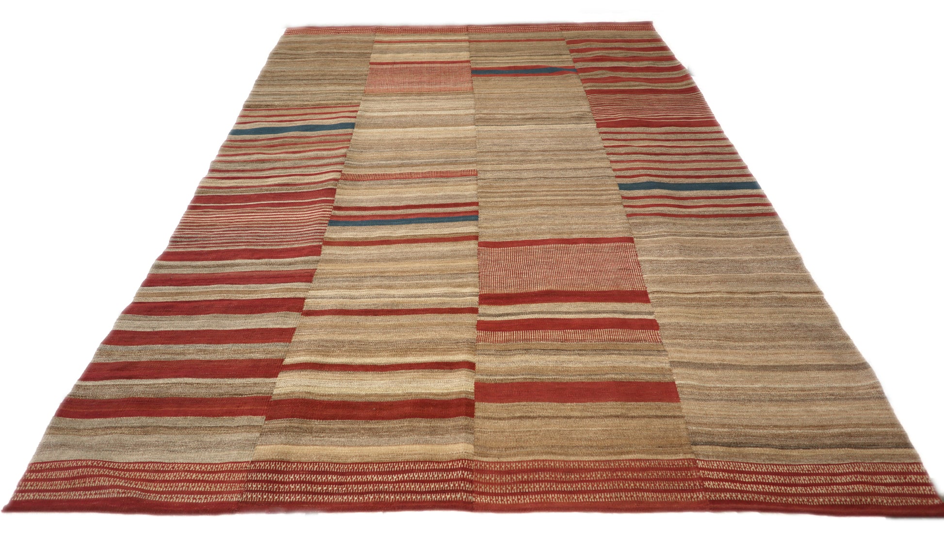 Handwoven Kilim Rug,woven in panels then woven together, beige red blue brown and ivory 