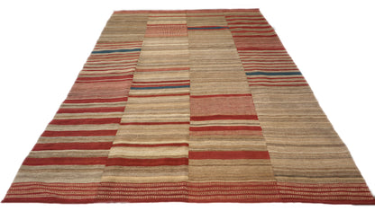 Handwoven Kilim Rug,woven in panels then woven together, beige red blue brown and ivory 