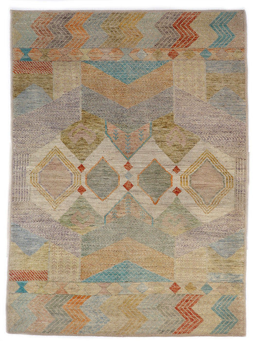 Hand- Knotted multicolored geometric patterned rug with shades of beige, blue, orange, and red.