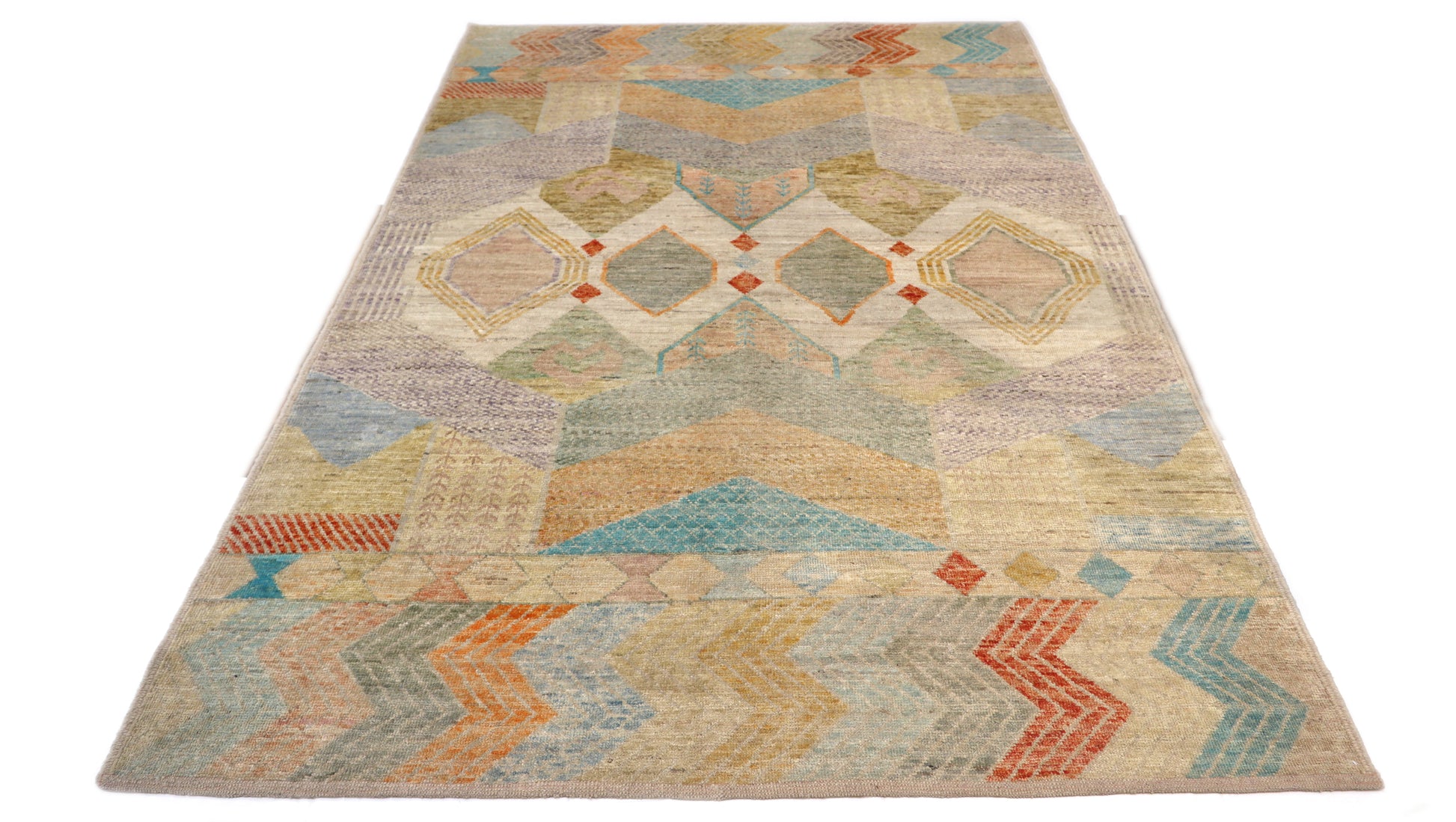 Hand- Knotted multicolored geometric patterned rug with shades of beige, blue, orange, and red.