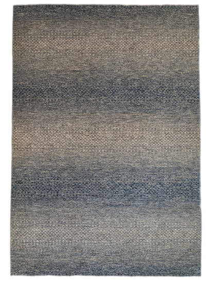A hand-knotted wool rug with a net pattern in shades of beige, ivory, cream, and blue.