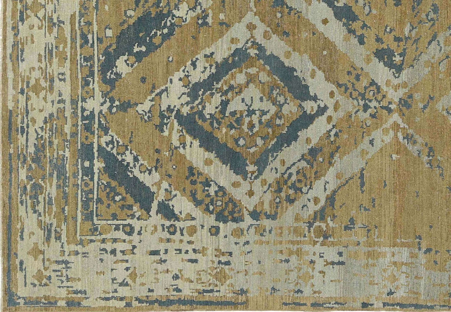 Hand-knotted rug with geometric transitional pattern in beige, blue, and brown. Low pile 