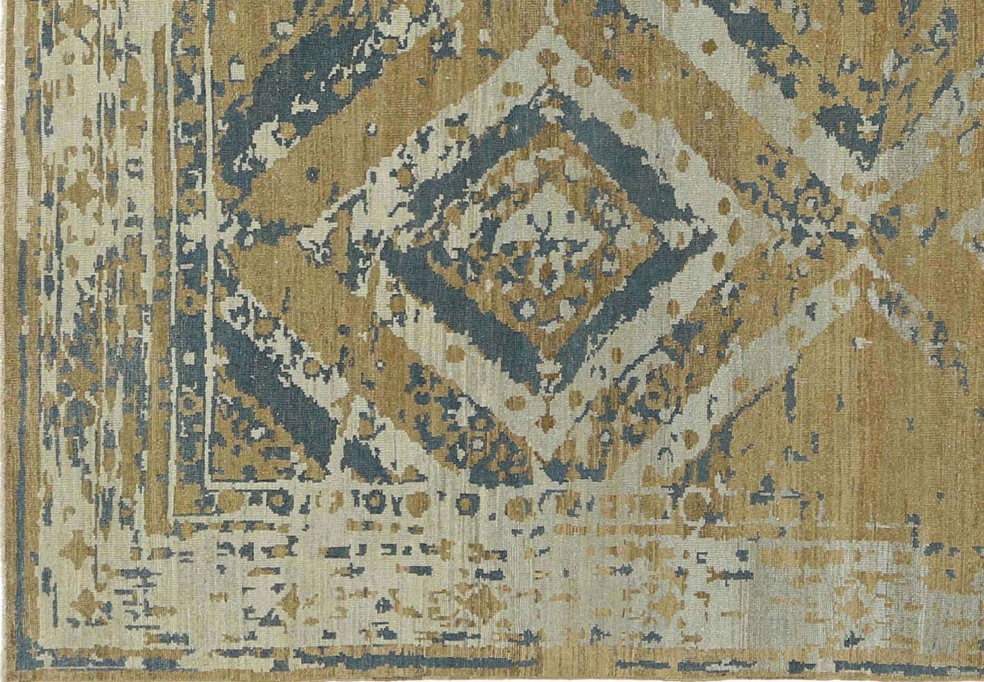 Hand-knotted rug with geometric transitional pattern in beige, blue, and brown. Low pile 