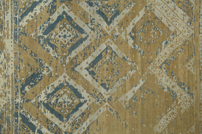 Hand-knotted rug with geometric transitional pattern in beige, blue, and brown. Low pile 