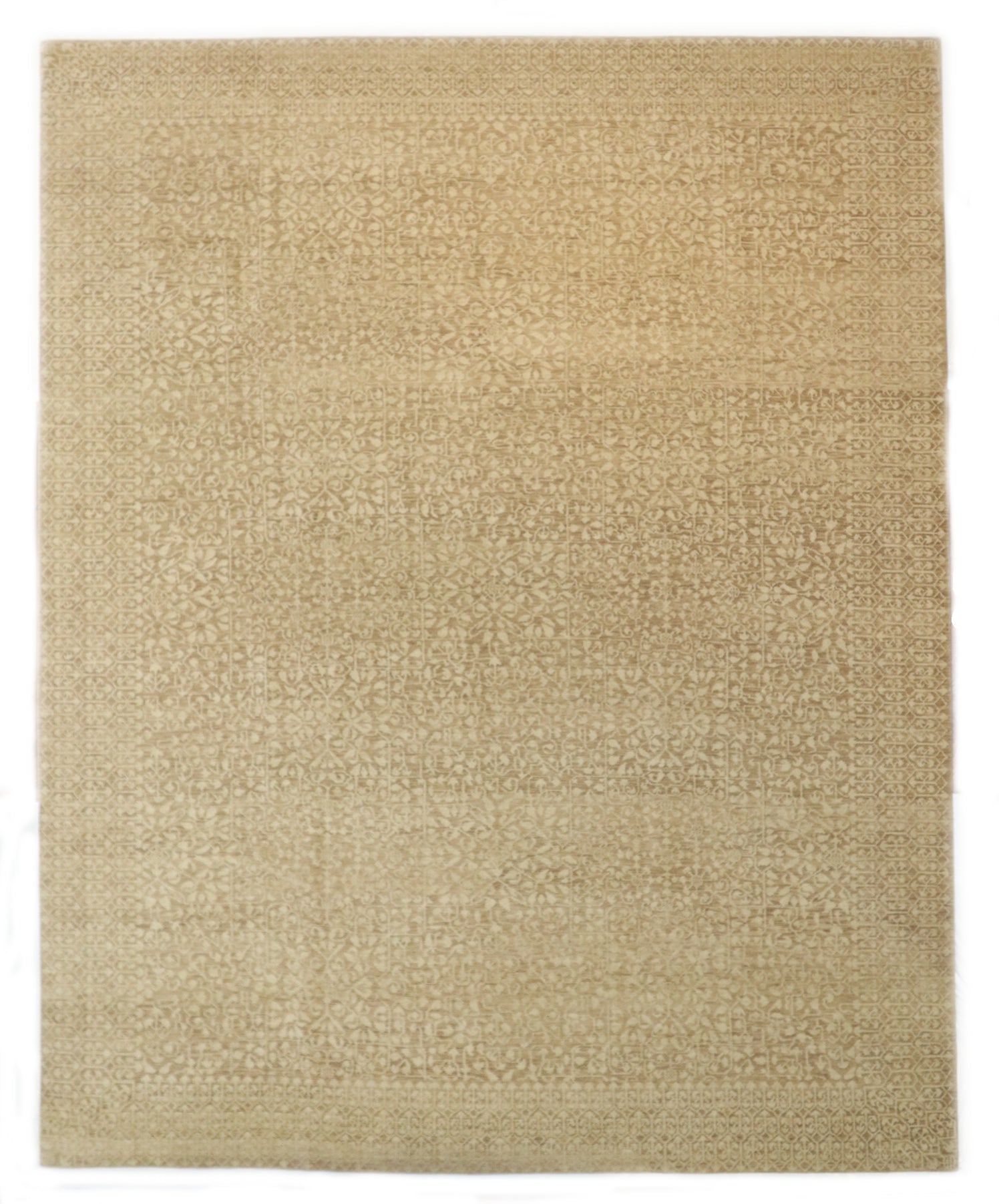 Hand- knotted transitional rug with tones of beige and ivory. 