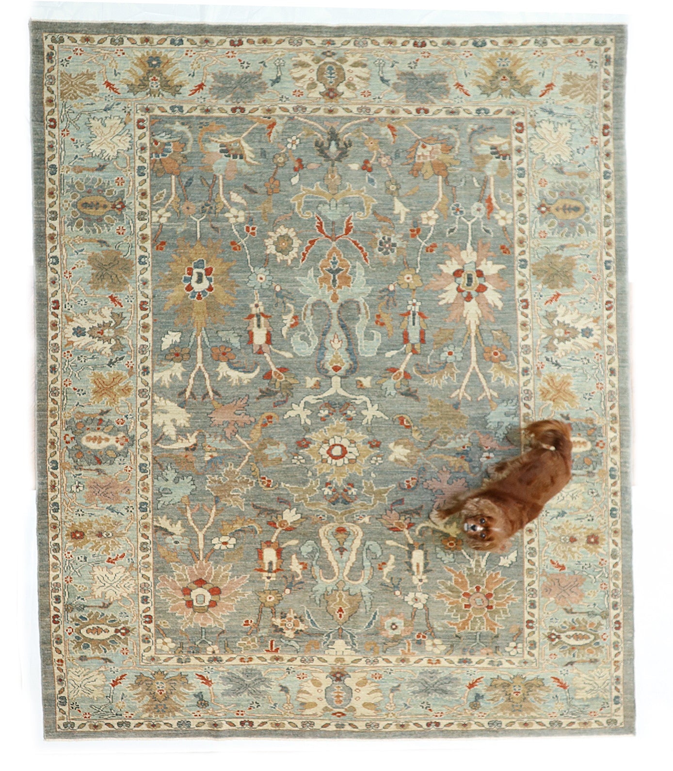 Hand-knotted wool rug with an antique finish in slate grey, red, gold, and muted coastal tones.