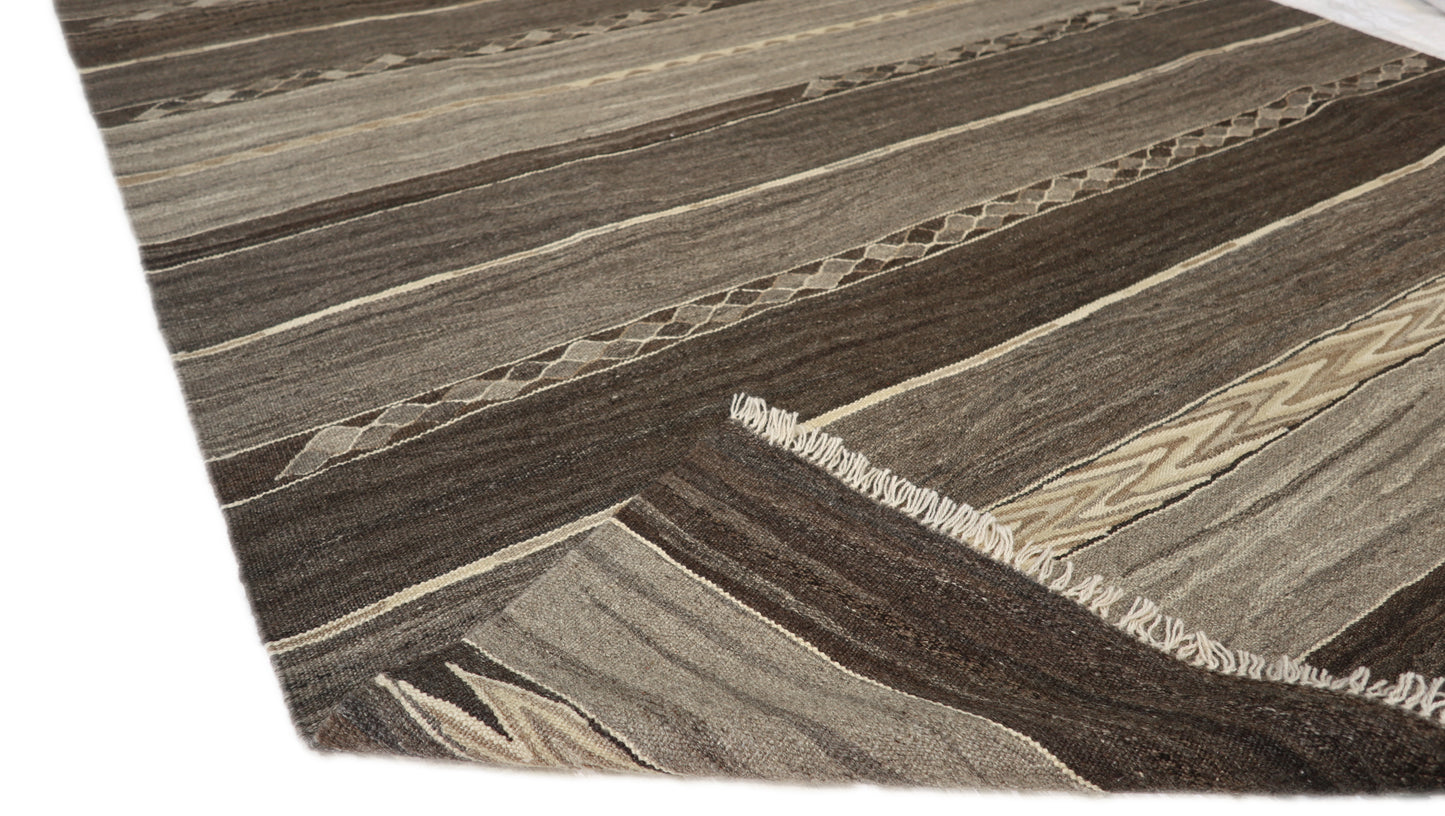 Handwoven Kilim Rug, natural wool colors, charcoal gray brown and ivory 