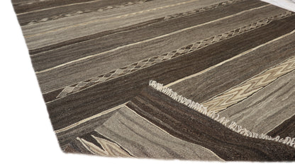 Handwoven Kilim Rug, natural wool colors, charcoal gray brown and ivory 