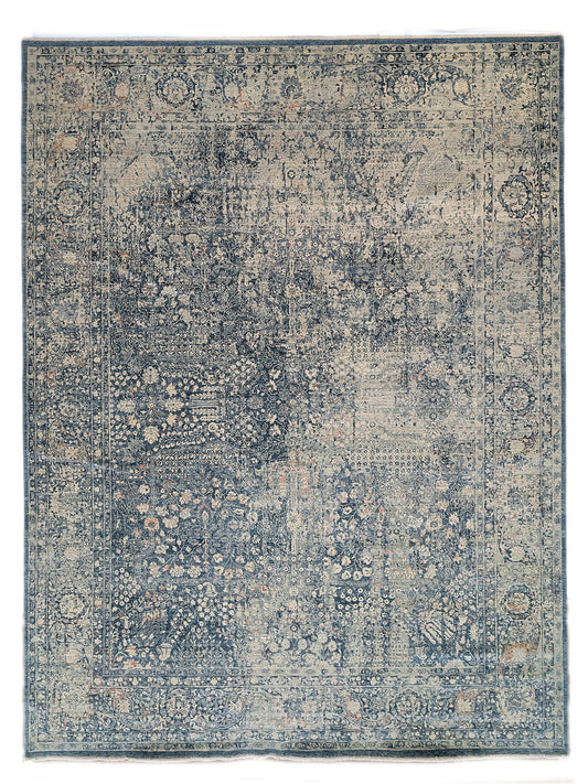 Hand- knotted decorative rug with a floral pattern in blue and beige tones 